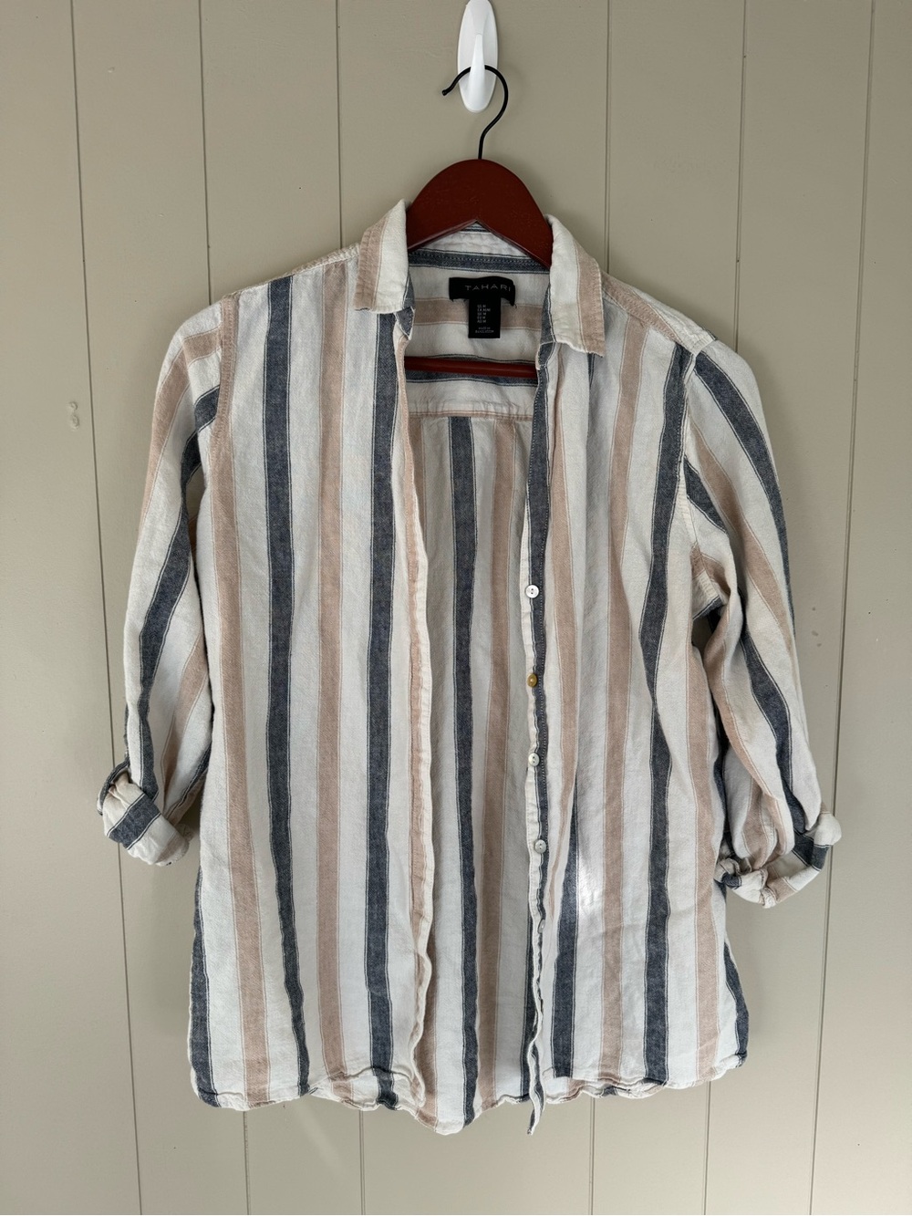 Tahari Striped Button-Down Shirt - Beige, White & Navy